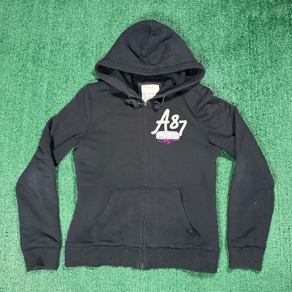 Y2K Aéropostale A87 Zip Up Fleece Hoodie Black Large